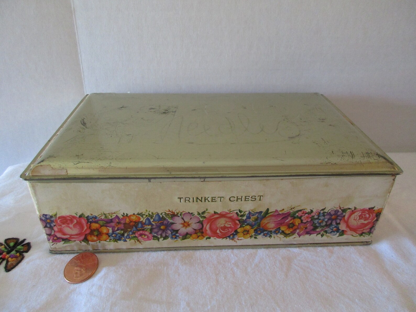 Candy Cookie Tin Trinket Chest Sewing Box Floral Border Gold Etsy