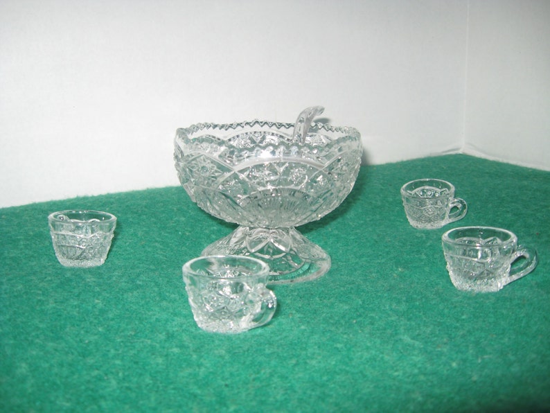 Miniature Pedestal Punch Bowl 4 Cups Ladle Clear Pressed Glass Etsy