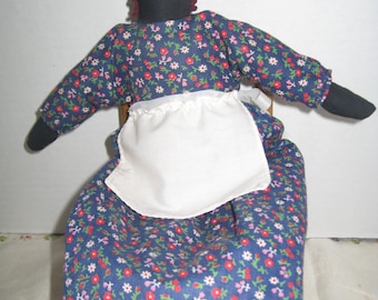 Black AA Cloth Doll Calico Blue Dress Apron Primitive Eyes Only