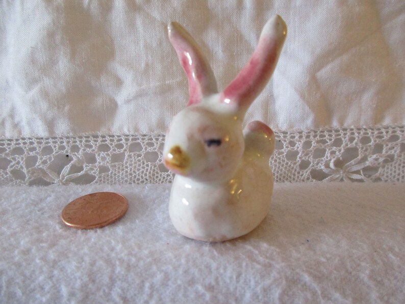 Bunny Rabbit White Sitting w Pink Ears Tail Plump Porcelain Vintage Unmarked