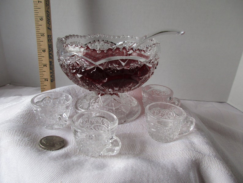 Miniature Pedestal Punch Bowl 4 Cups Ladle Clear Pressed Glass Etsy