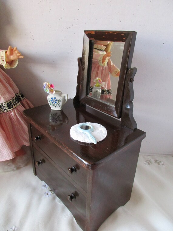 Doll Dresser Dark Wood W Swing Mirror 12 Tall 2 Drawers Etsy