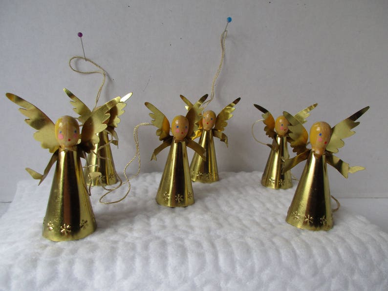 Gold Angel Ornaments Wood Head Set of 6 Heavy Foil or Tin 3 | Etsy
