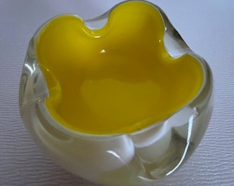 Mid Century Yellow and White Murano Glass Dish or Ashtray