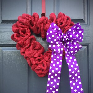 Red Heart Wreath, Purple, Love Gift, Valentines Day Wreath, Burlap Heart, Polka Dots, Red Heart Wreath, Heart Decor, Heart Gifts image 1
