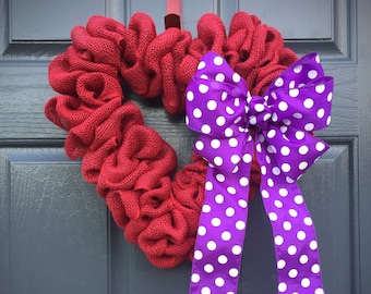 Red Heart Wreath, Purple, Love Gift, Valentines Day Wreath, Burlap Heart, Polka Dots, Red Heart Wreath, Heart Decor, Heart Gifts