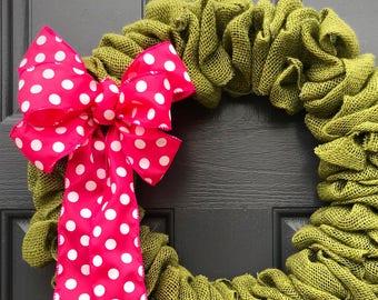 Pink and Green Wreath, Burlap Wreaths, Fun Door Wreaths, Baby Girl Gift, Polka Dots, Pink Green Door Wreath, Preppy Wreath, Gift for Her