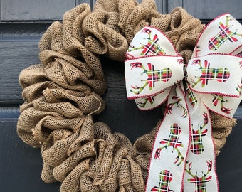 Small Burlap Wreath Christmas Ribbon Christmas Burlap Wreath Small Reindeer Wreath Fun Door Wreaths Holiday Gift Small Door Wreath Burlap