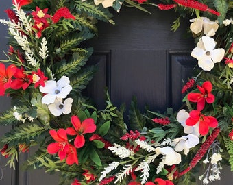 Spring Door Wreath Red White Spring Wreaths Door Decor New Home Gift Housewarming Mothers Day Spring Gift Ideas Red White Wreaths Fern