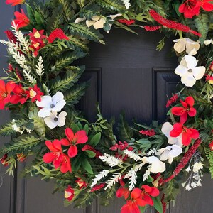 Spring Door Wreath Red White Spring Wreaths Door Decor New Home Gift Housewarming Mothers Day Spring Gift Ideas Red White Wreaths Fern image 1