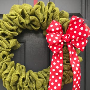 Green Burlap Wreath, Green Wreaths, Polka Dots, Red Green, Red Polka Dots, Holiday Decor, Red Bow with Polka Dots, Gift for Her, Cute Wreath image 1