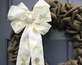 Burlap Christmas Wreath Reindeer Wreath Reindeer Ribbon Christmas Burlap Wreaths Brown Gift for Her Christmas Burlap Decor Fun Wreaths