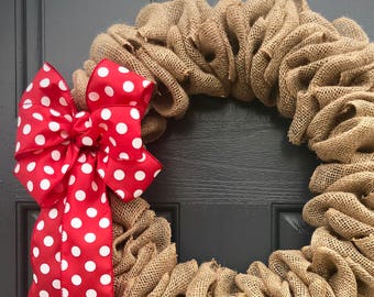 Burlap Wreath, Fun Wreaths, Burlap Door Wreath, Natural Burlap Decor, Red Polka Dots, Gift for Her, Cute Wreaths, Door Decor Burlap
