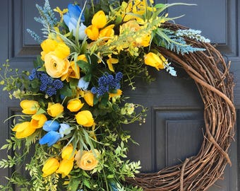 Blue Yellow Spring Wreath, Spring Wreaths, Spring Door Wreaths, Yellow Blue Wreath, Tulip Wreaths, Door Decor Spring, Gift for Her, Wreaths