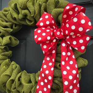 Green Burlap Wreath, Green Wreaths, Polka Dots, Red Green, Red Polka Dots, Holiday Decor, Red Bow with Polka Dots, Gift for Her, Cute Wreath image 2