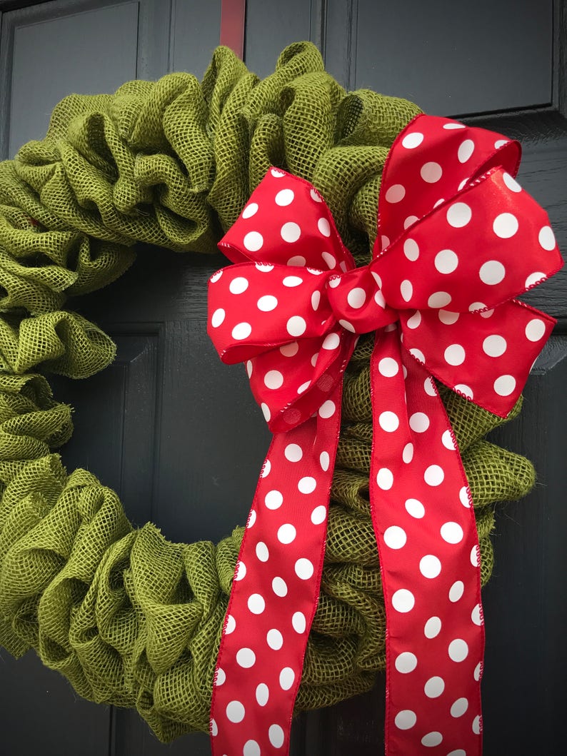 Green Burlap Wreath, Green Wreaths, Polka Dots, Red Green, Red Polka Dots, Holiday Decor, Red Bow with Polka Dots, Gift for Her, Cute Wreath image 2