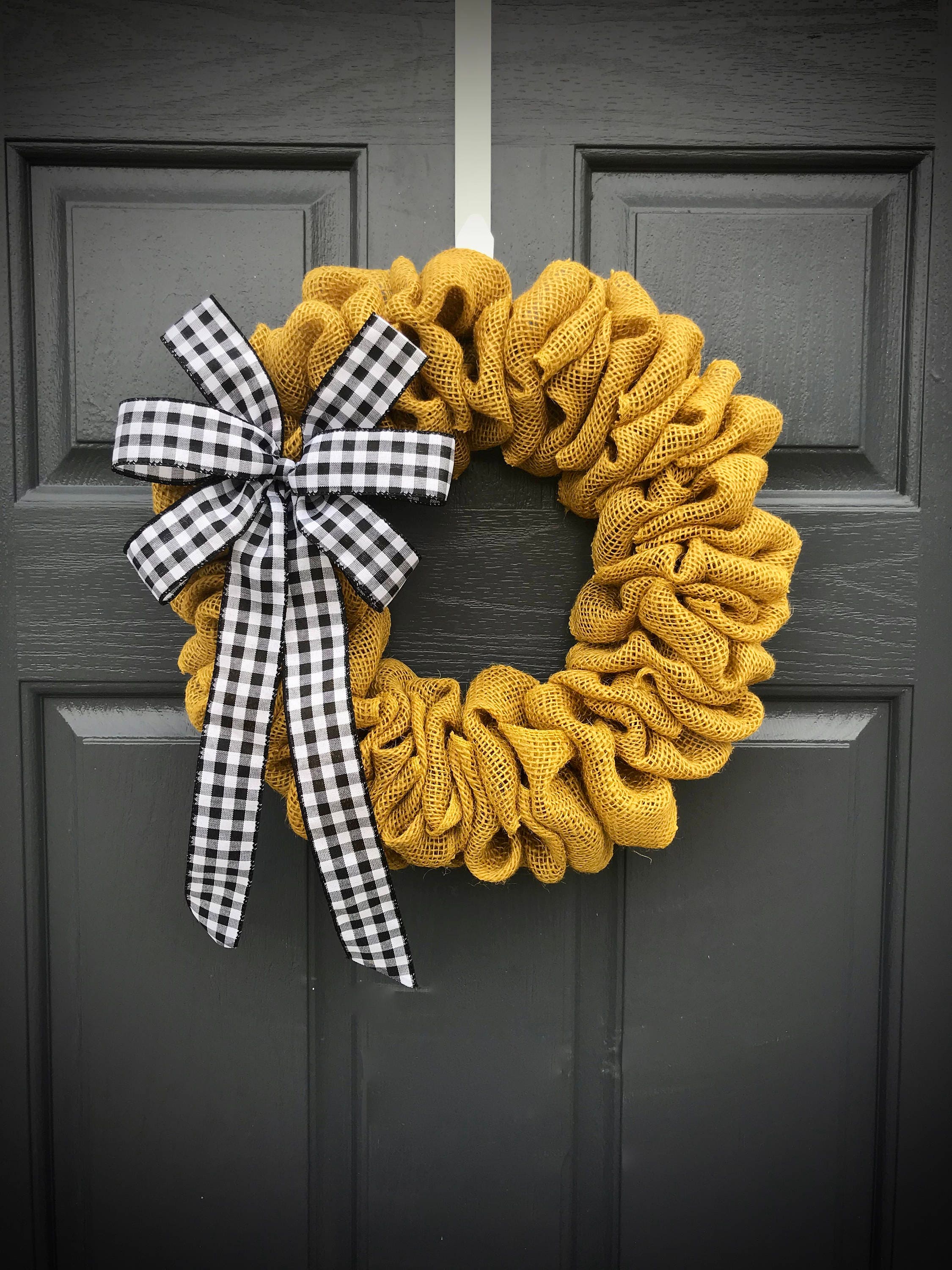 Small Burlap Wreath Yellow Burlap Door Wreath Small Door Wreath Gingham Yellow Black Cute Wreaths Door Wreaths Small Gift For Her