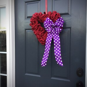 Red Heart Wreath, Purple, Love Gift, Valentines Day Wreath, Burlap Heart, Polka Dots, Red Heart Wreath, Heart Decor, Heart Gifts image 4