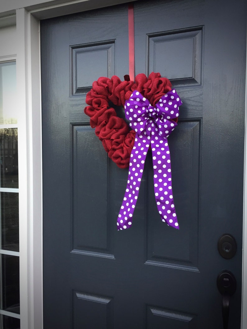 Red Heart Wreath, Purple, Love Gift, Valentines Day Wreath, Burlap Heart, Polka Dots, Red Heart Wreath, Heart Decor, Heart Gifts image 4