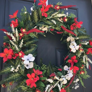 Spring Door Wreath Red White Spring Wreaths Door Decor New Home Gift Housewarming Mothers Day Spring Gift Ideas Red White Wreaths Fern image 3