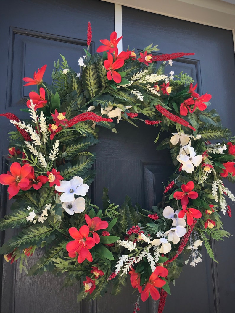 Spring Door Wreath Red White Spring Wreaths Door Decor New Home Gift Housewarming Mothers Day Spring Gift Ideas Red White Wreaths Fern image 3