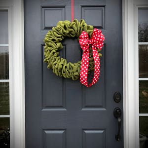 Green Burlap Wreath, Green Wreaths, Polka Dots, Red Green, Red Polka Dots, Holiday Decor, Red Bow with Polka Dots, Gift for Her, Cute Wreath image 3