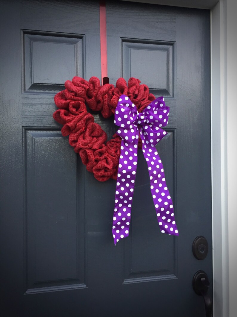 Red Heart Wreath, Purple, Love Gift, Valentines Day Wreath, Burlap Heart, Polka Dots, Red Heart Wreath, Heart Decor, Heart Gifts image 3