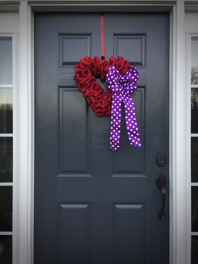 Red Heart Wreath, Purple, Love Gift, Valentines Day Wreath, Burlap Heart, Polka Dots, Red Heart Wreath, Heart Decor, Heart Gifts image 5