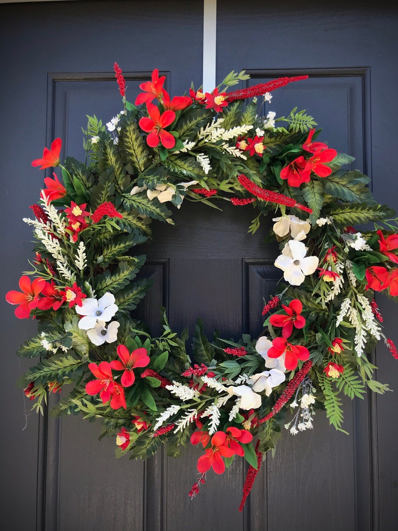 Spring Door Wreath Red White Spring Wreaths Door Decor New Home Gift Housewarming Mothers Day Spring Gift Ideas Red White Wreaths Fern image 1