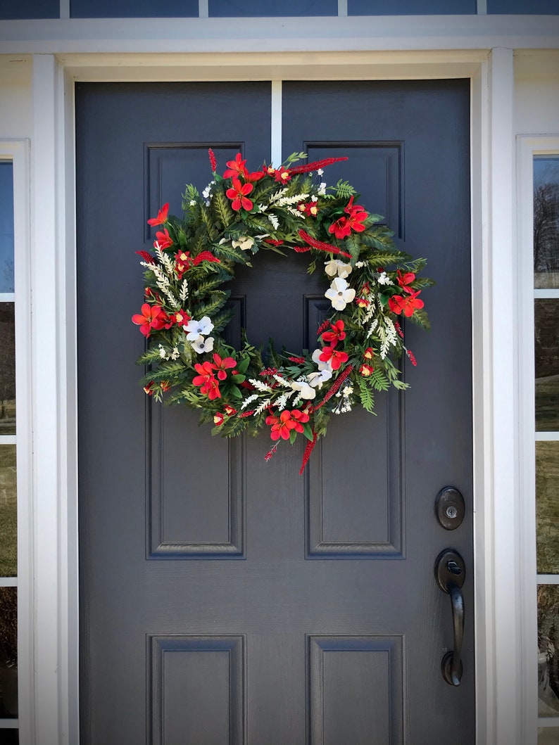 Spring Door Wreath Red White Spring Wreaths Door Decor New Home Gift Housewarming Mothers Day Spring Gift Ideas Red White Wreaths Fern image 4