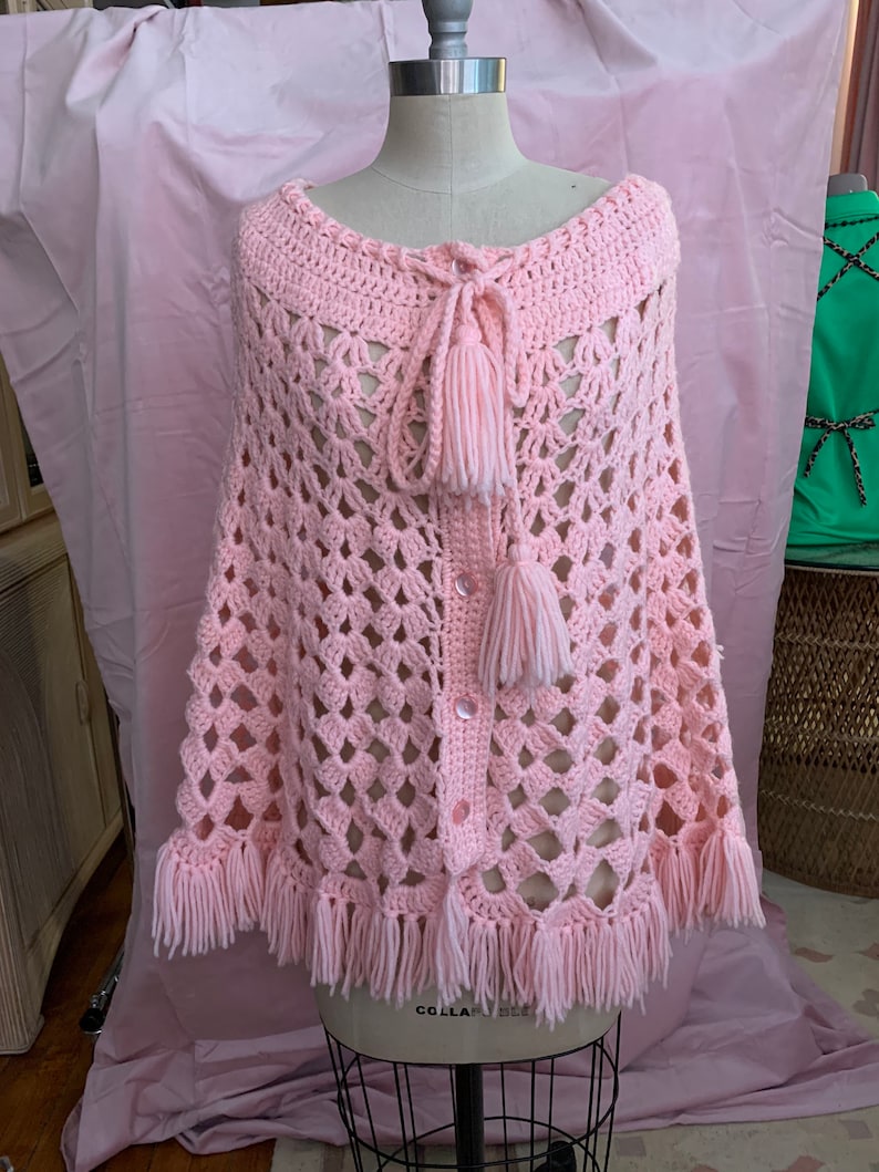 Vintage Crocheted Pink Button-up Shawl Poncho with Pom Pom Tassels