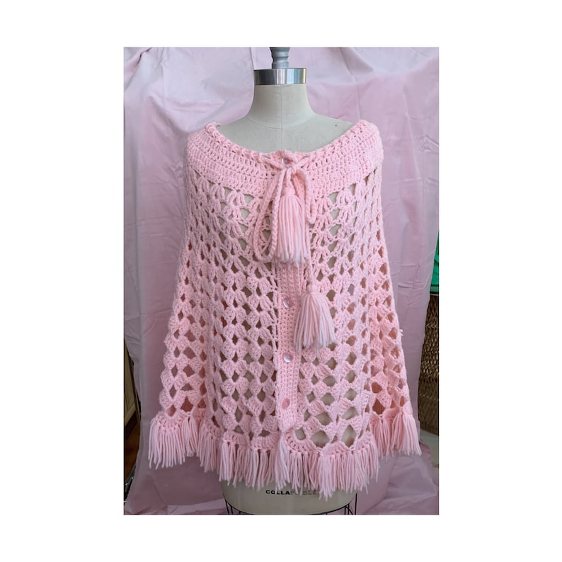 Vintage Crocheted Pink Button-up Shawl Poncho with Pom Pom Tassels