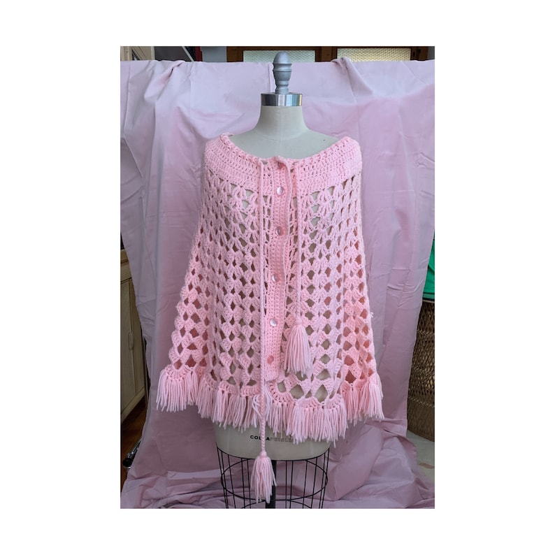 Vintage Crocheted Pink Button-up Shawl Poncho with Pom Pom Tassels