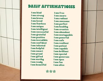 Daily Affirmations, Self love Print Illustration Vintage, Wall Art Modern Decor Illustration, Large Printable Art Digital Download, DGT019