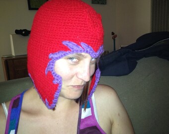 Red and Purple Helmet Beanie - villain - superhero - crocheted cap, hat (mutant powers)