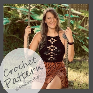 May include: A crochet pattern for a black halter top with a floral design. The pattern is by Madison Roy.