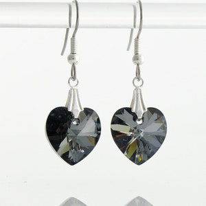 Crystal Heart Earrings, Dark Grey Heart earrings on Sterling Silver 925, Black Diamond Heart Swarovski Crystal, Grey earrings