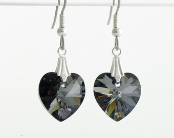 Crystal Heart Earrings, Dark Grey Heart earrings on Sterling Silver 925, Black Diamond Heart Swarovski Crystal, Grey earrings