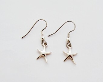 Starfish Earrings, Starfish Beach Jewelry, Dangle Sterling Silver 925 Starfish mounted Surgical Steel hooks (hypo allergenic)