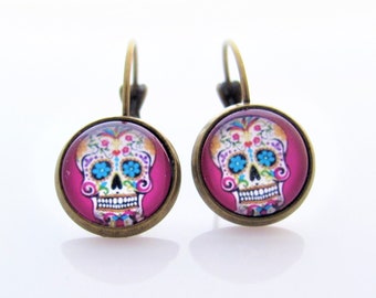 Sugar Skull earrings, Day of the dead dangling earrings on Antique Bronze setting, colorful sugar skull earring, Purple Sugar Skull earrings