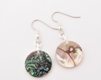 Round Paua Abalone Sterling Silver Earrings, Natural Shell