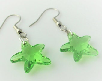 Green Starfish earrings, Peridot Swarovski Crystal Starfish, soft green Crystal earrings, light green crystal starfish