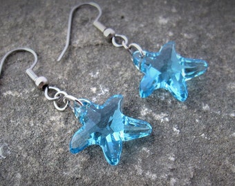 Soft Blue Star Earrings, Light Blue Swarovski Crystal Starfish earrings, Aquamarine Starfish Swarovski