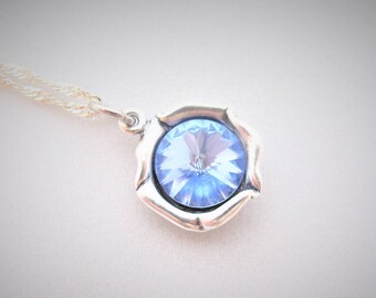 Aquamarine Necklace, Aquamarine Blue pendant with soft Blue hues, Swarovski Crystal Element pendant on Sterling Silver 925