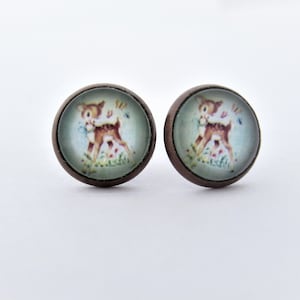 Cute Fawn earrings, Vintage Bambi on turquoise background, Baby dear earrings, original round baby doe earrings