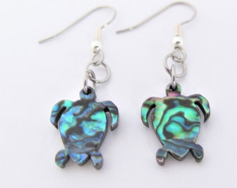 Turtle Paua Abalone earrings mounted on Stainless Steel with hypoallergenic hooks, Natural Blue Green Turquoise Purple Shell earring