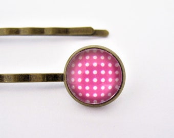 Pink Polka Dot Bobby Pins, Pink Hair Piece, Bronze, Gift for Her, handmade Bobby Pins, gift for girls, Pink Polka Dot