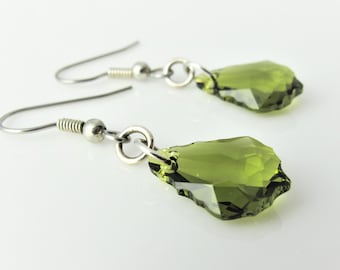 Dark Green earrings, Crystal Earrings, Olive Swarovski Earrings, Elegant Swarovski Baroque Crystal Earrings