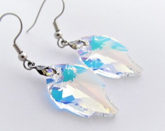 Leaf earrings dangle, Iridescent Swarovski Crystal Aurora Borealis Large Leaf earrings, Clear Iridescent Crystal