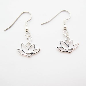 Silver Lotus Earrings, Dangle Sterling Silver 925 Lotus Flower mounted Surgical Steel hooks (hypo allergenic), Lotus Jewelry